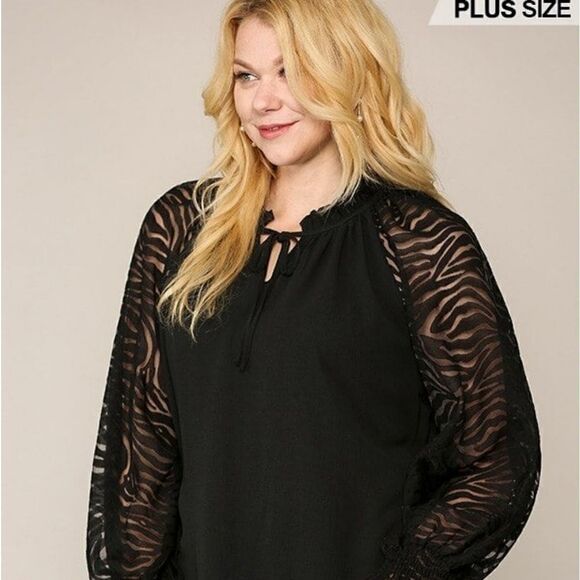 Plus size zebra burnout‎ sleeve ruffled neck bubble crepe blouse - Picture 3 of 5